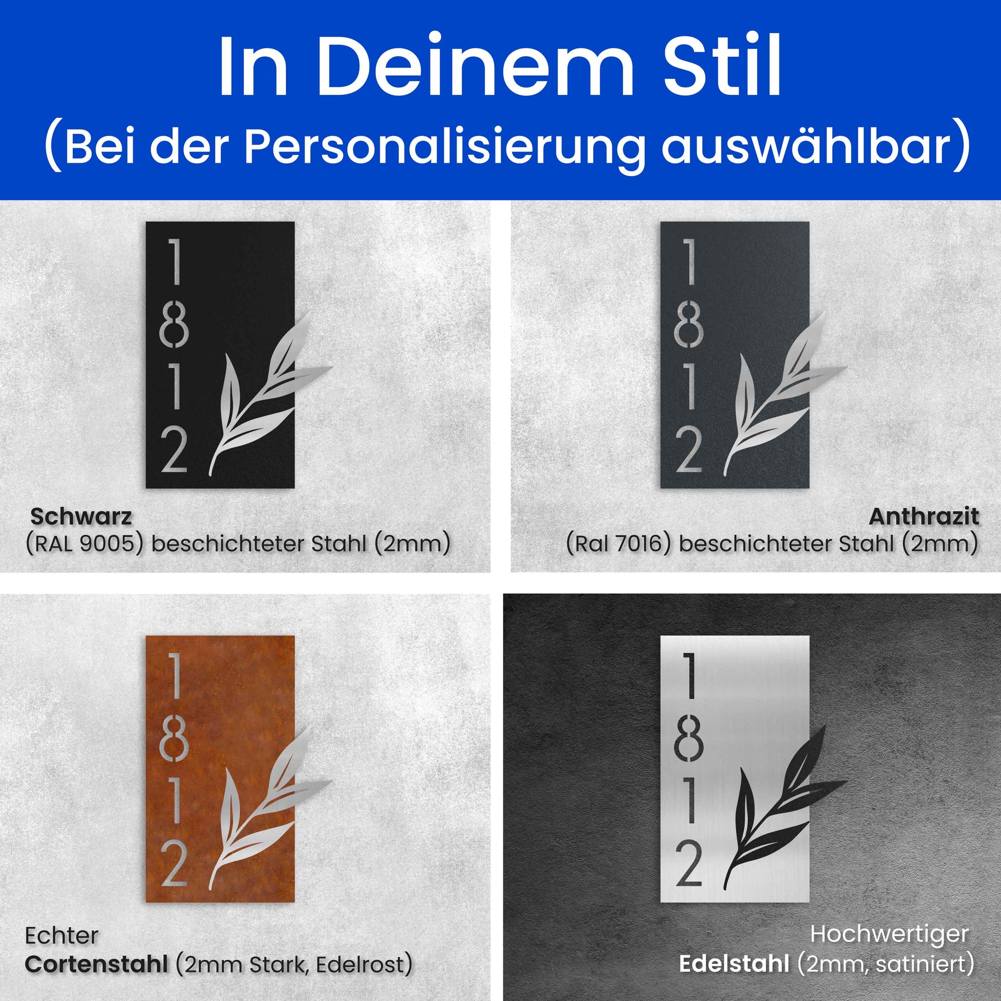 Geschmückte Hausnummer mit Blätterzweig