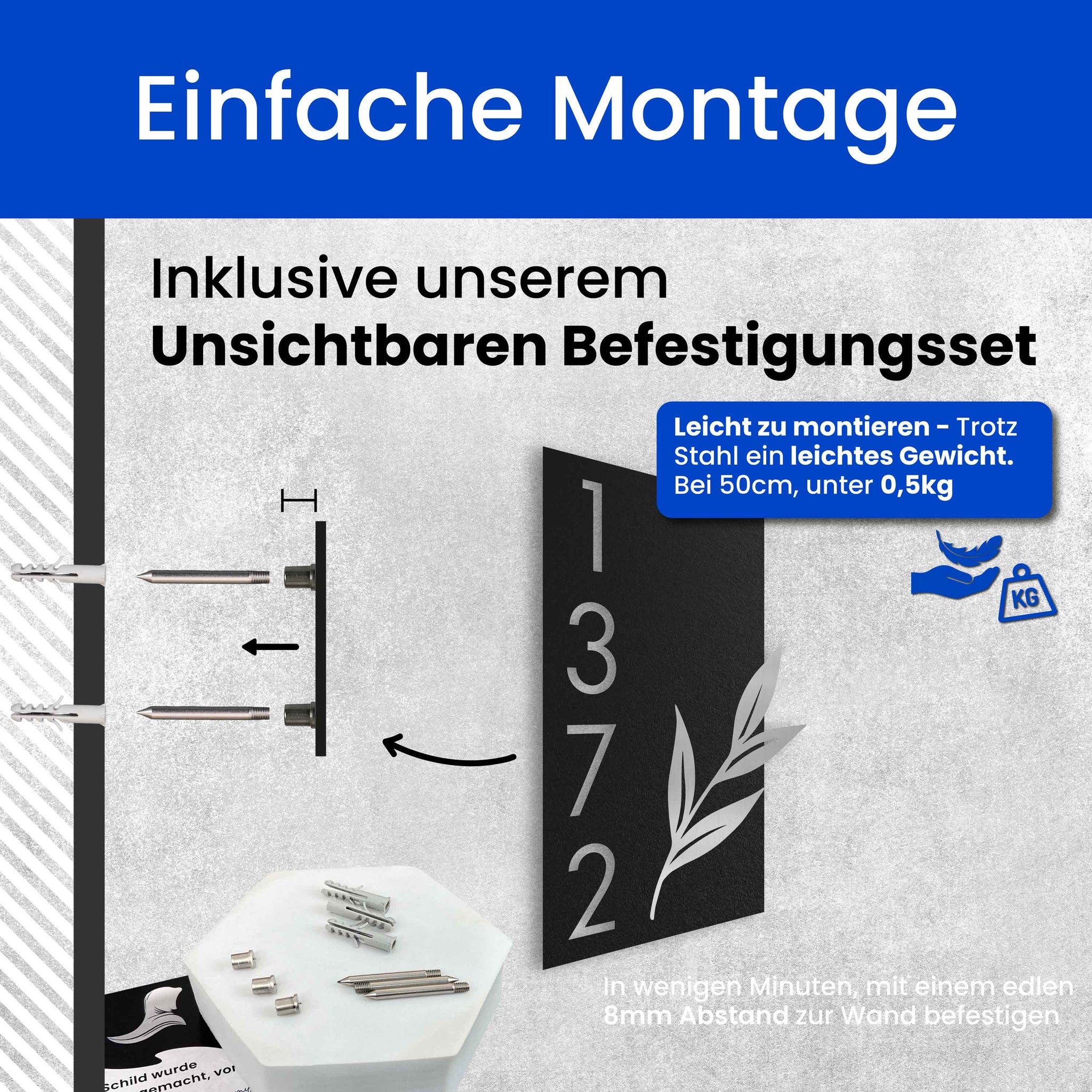 Geschmückte Hausnummer mit Blätterzweig