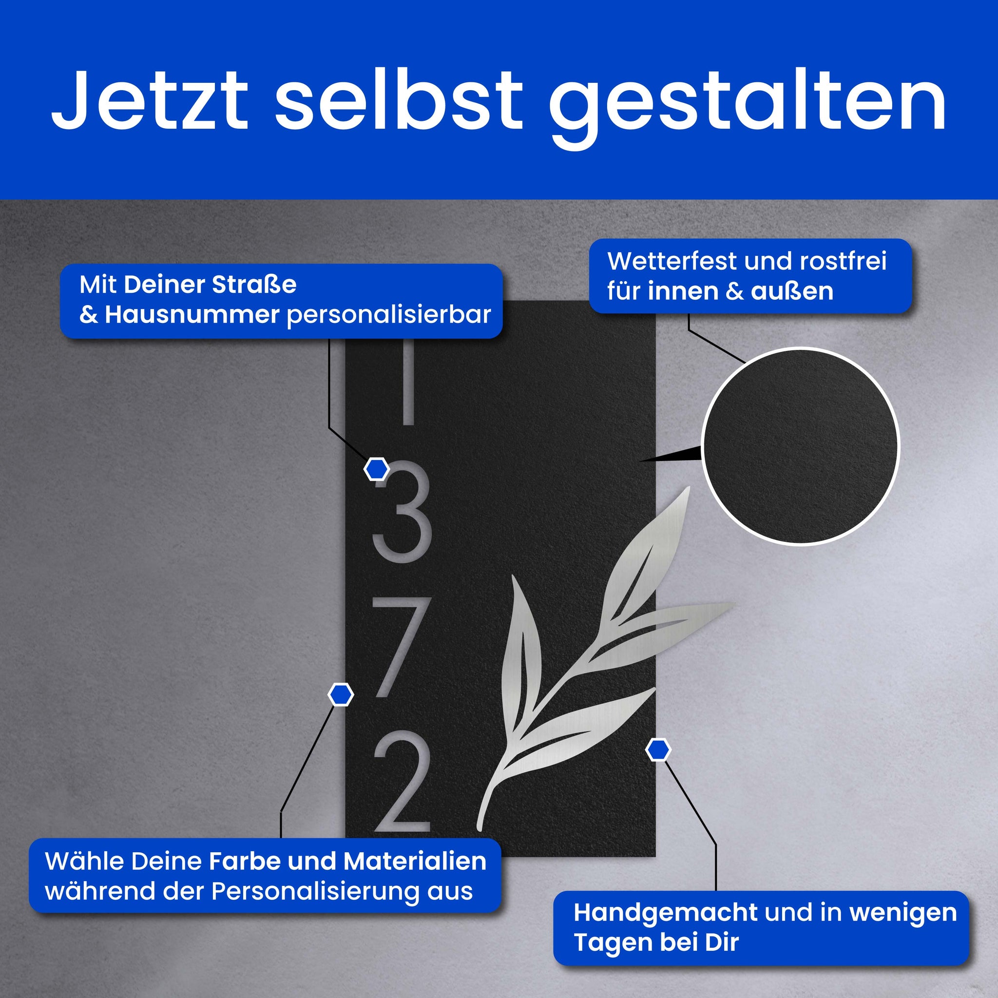 Geschmückte Hausnummer mit Blätterzweig