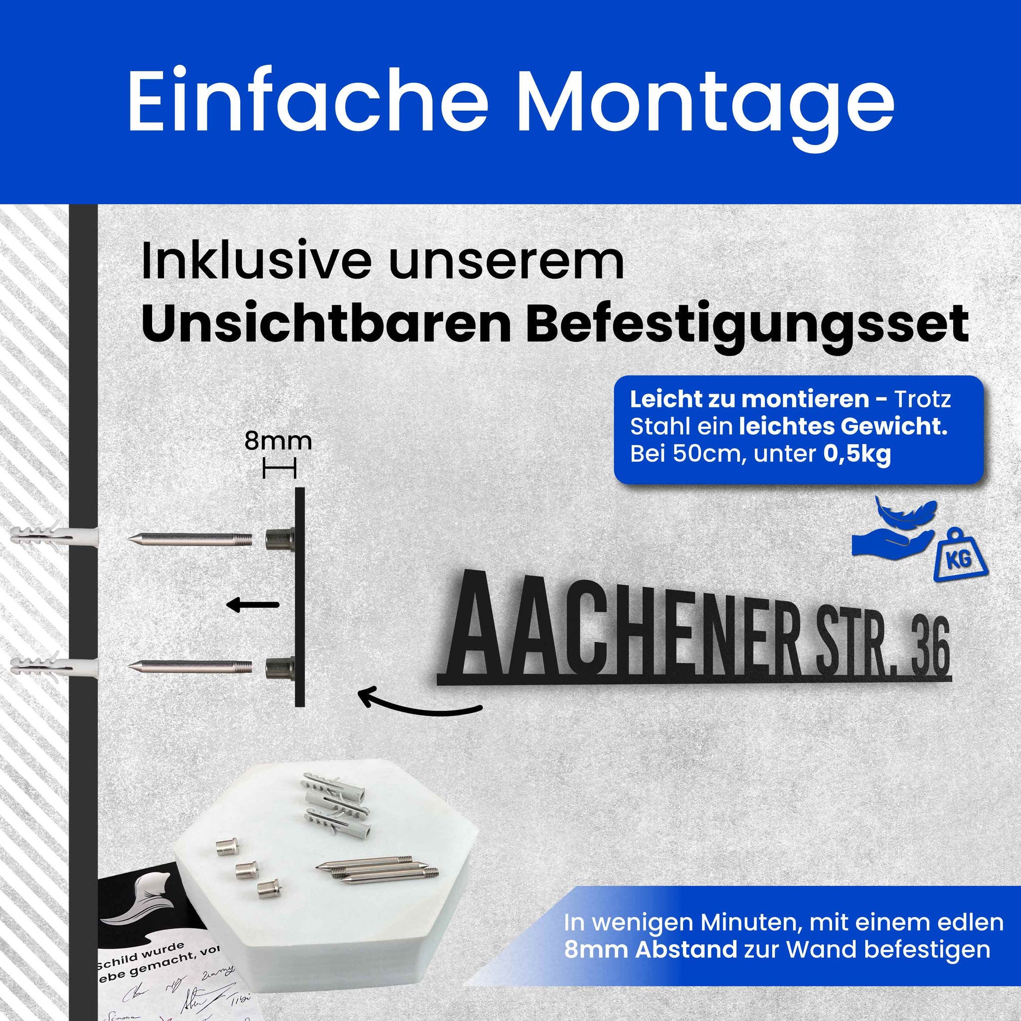 Straßenschild mit Hausnummer auf einer Linie