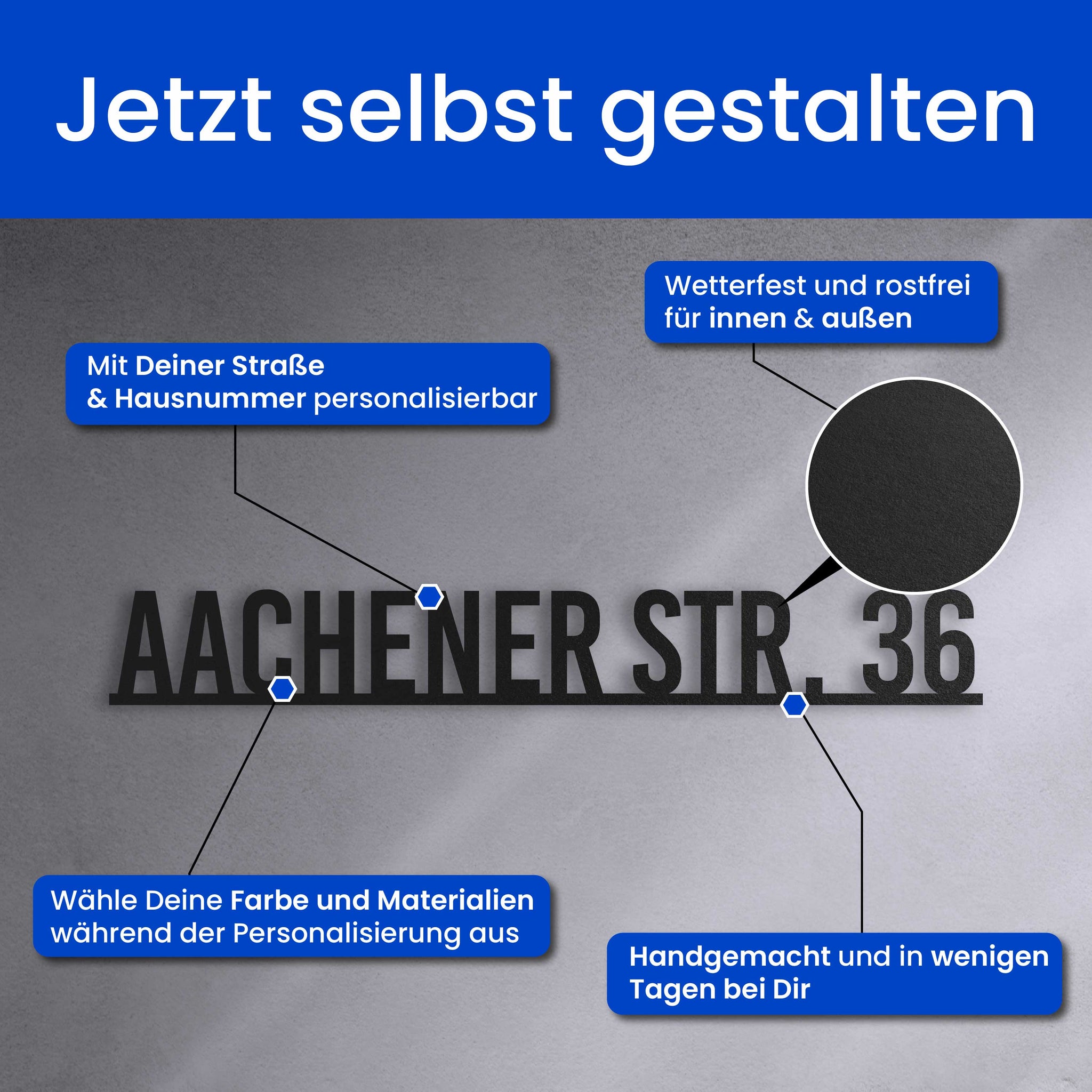 Straßenschild mit Hausnummer auf einer Linie