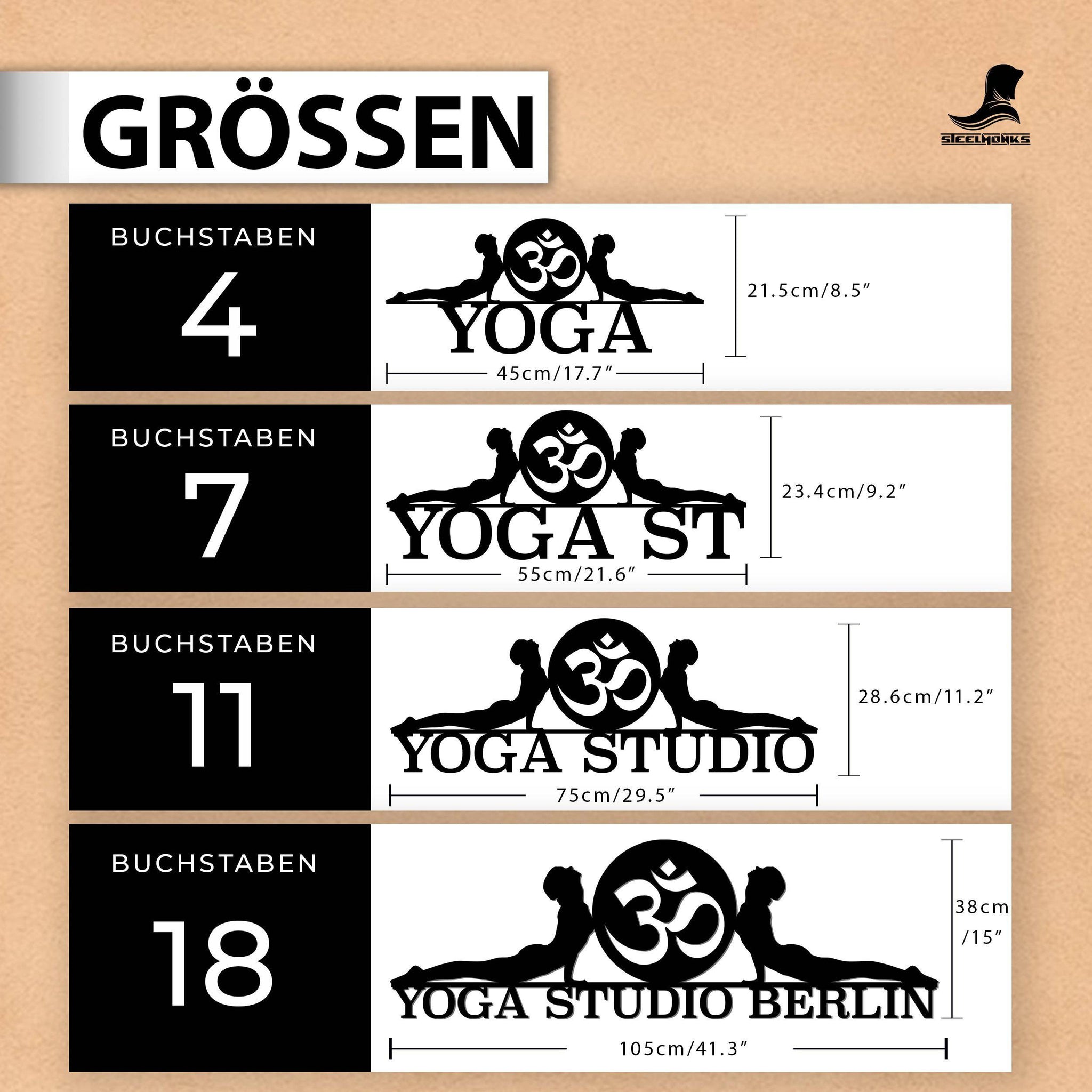 Steelmonks-Metallschild,Yogaschild. Sport- & Freizeitschild Wanddekoration erhältlich in verschiednen Größen und Farben.